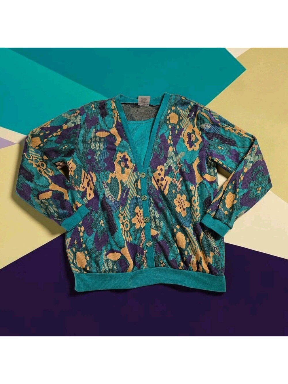 VTG 80s Aileen Faux Layer Cardigan Sweater Blouse Small Teal Purple Abstract